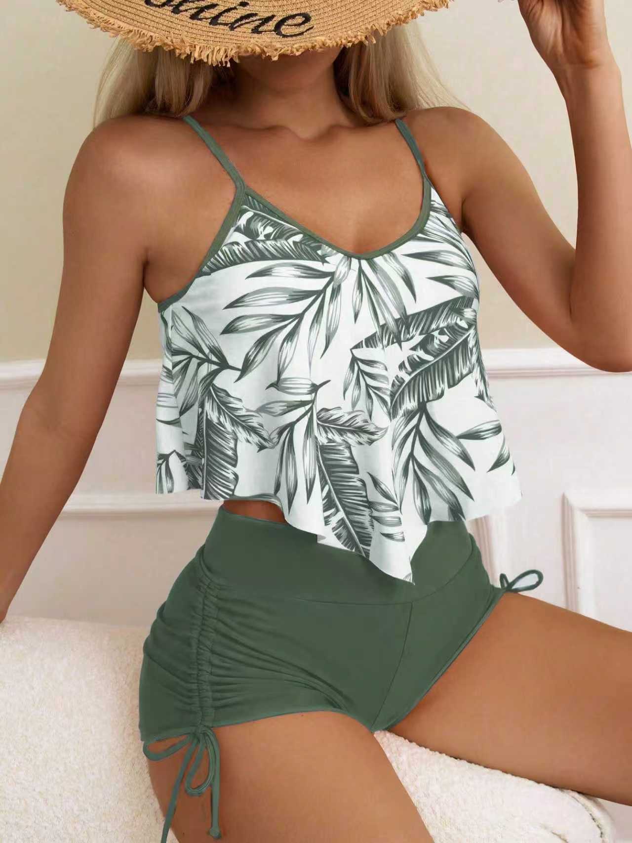 European and American New Swimwear Women's Printed Multicolor Large Lotus Leaf Corset Drawstring Boxers Amazon Cross-border Swimwear in stock