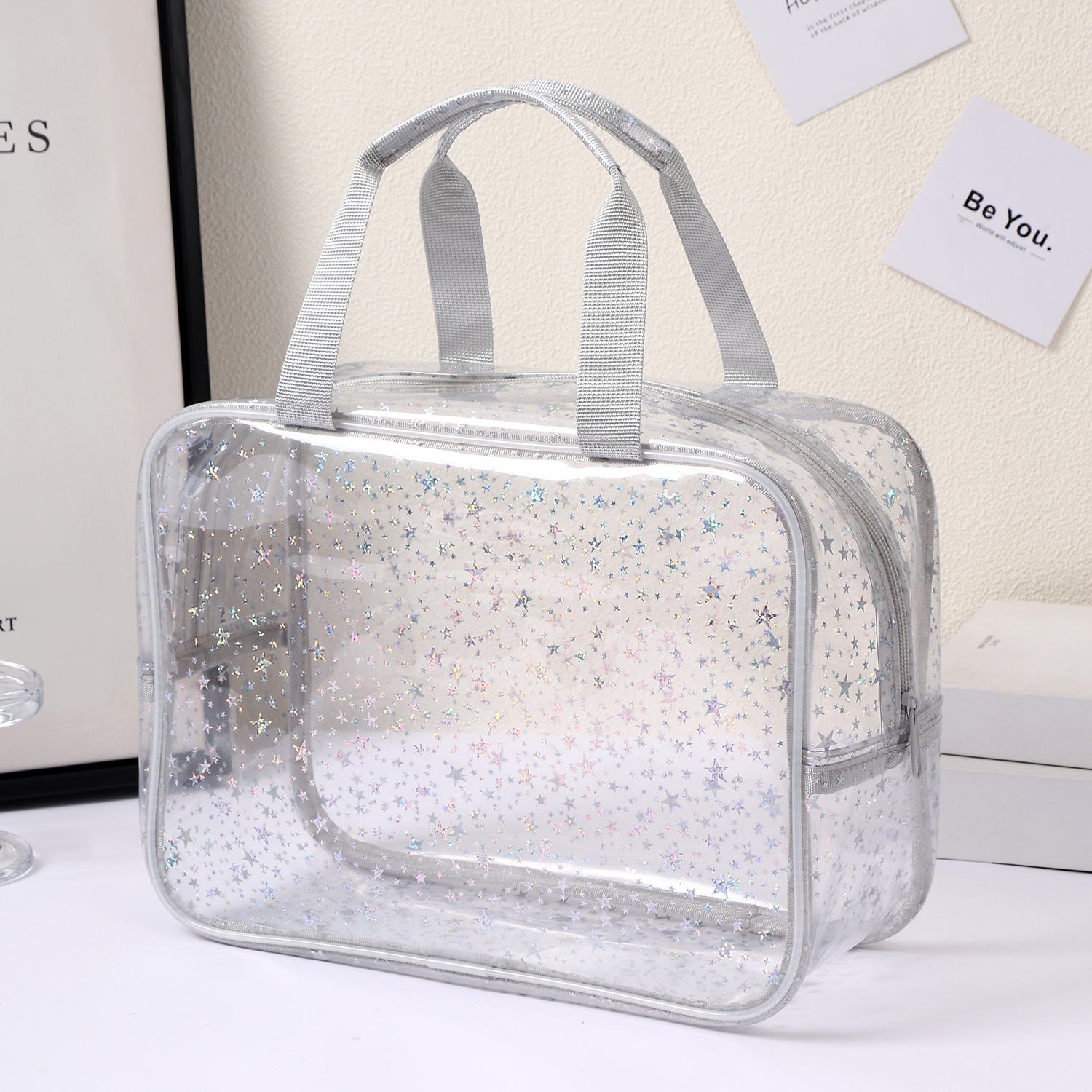 New Pvc Toiletry Makeup Brush Travel Zipper Tote Bag Cosmetic Small Star Makeup Bag Convenient and Large Capacity