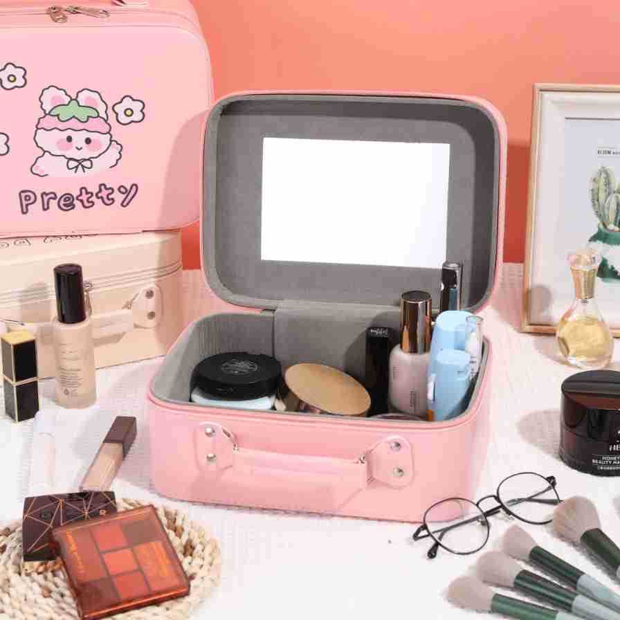 Leather Ready-Made Cartoon Makeup Case with Mirror, Makeup Bag with a High-End Feel, Multifunctional Storage Bag, Large Capacity Wholesale