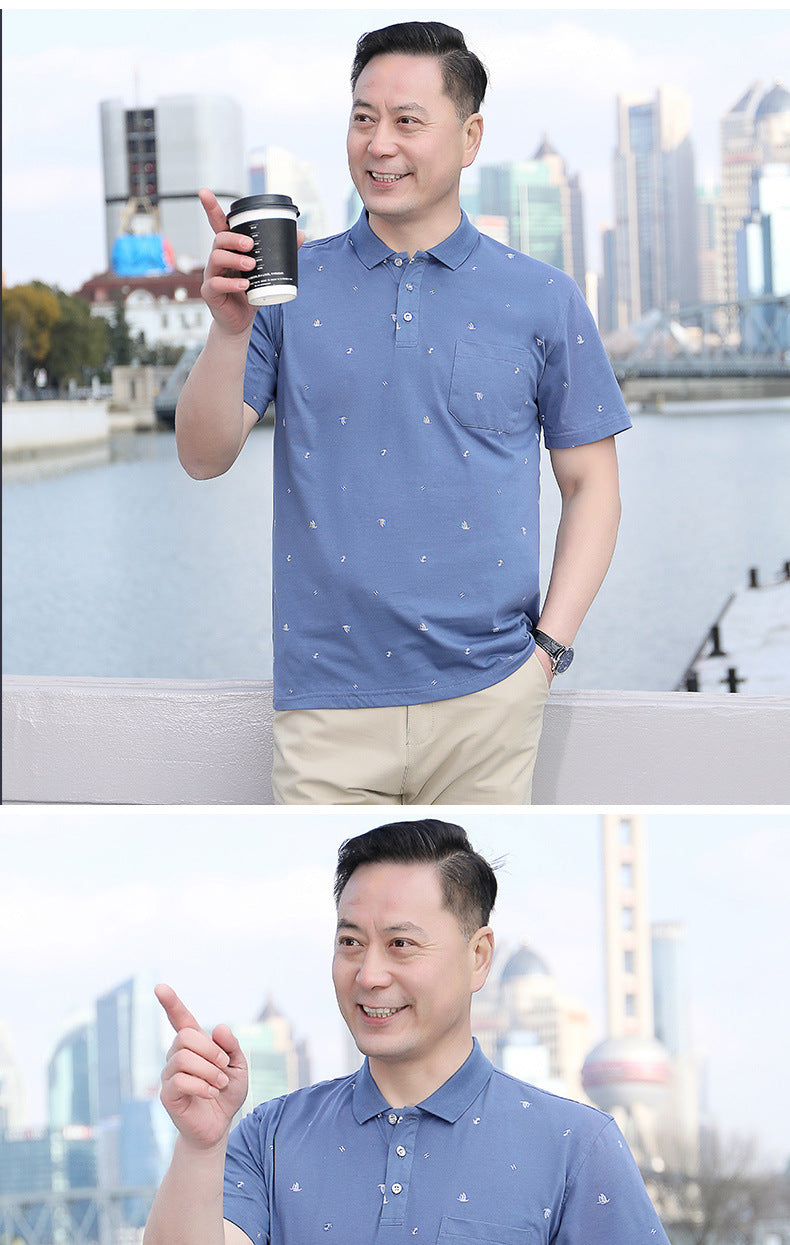 Middle-aged Men's Cotton Short-sleeved T-shirt Lapel Pocket Summer Middle-aged and Elderly plus size Half-sleeved Dad T-shirt Father