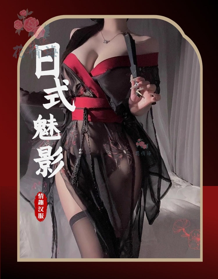 Floral Lingerie Uniform Pure Desire No Need to Take Off Printed Black Japanese Kimono Clothing Set Women A520 Erotic Kimono