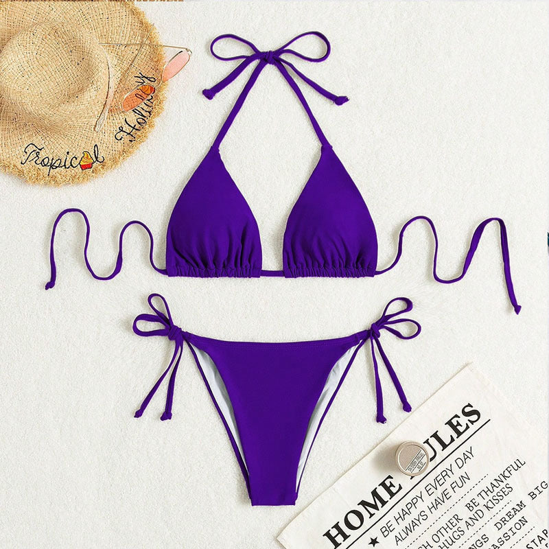 European and American Solid Color Split Swimsuit Women's Sexy Bikini Cross-border Hot Tight Gather Deep V High-end Swimsuit Women