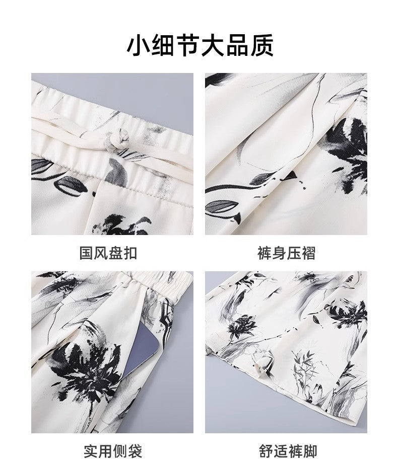 2025 Summer Thin Chiffon Wide-Leg Pants Women's Cropped Culottes Elastic Waist Small National Style Pants New Style Skirt