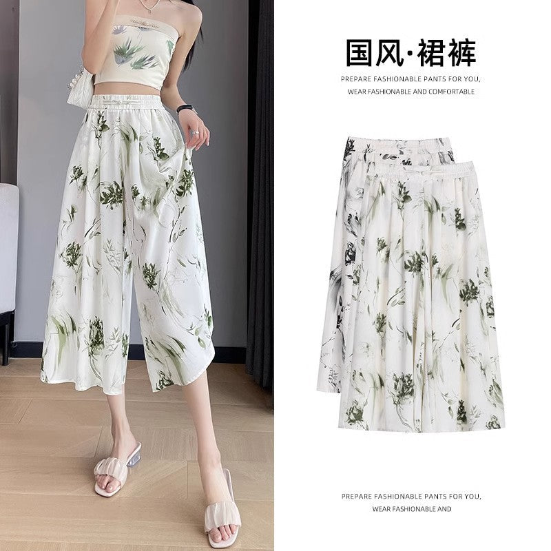 2025 Summer Thin Chiffon Wide-Leg Pants Women's Cropped Culottes Elastic Waist Small National Style Pants New Style Skirt