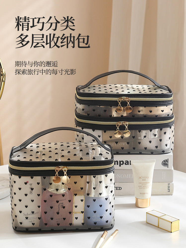 New Style Heart-Shaped Portable Makeup Bag, Single/Double Layer Cosmetic Storage Bag, Simple Mesh Makeup Bag, Travel Makeup Bag