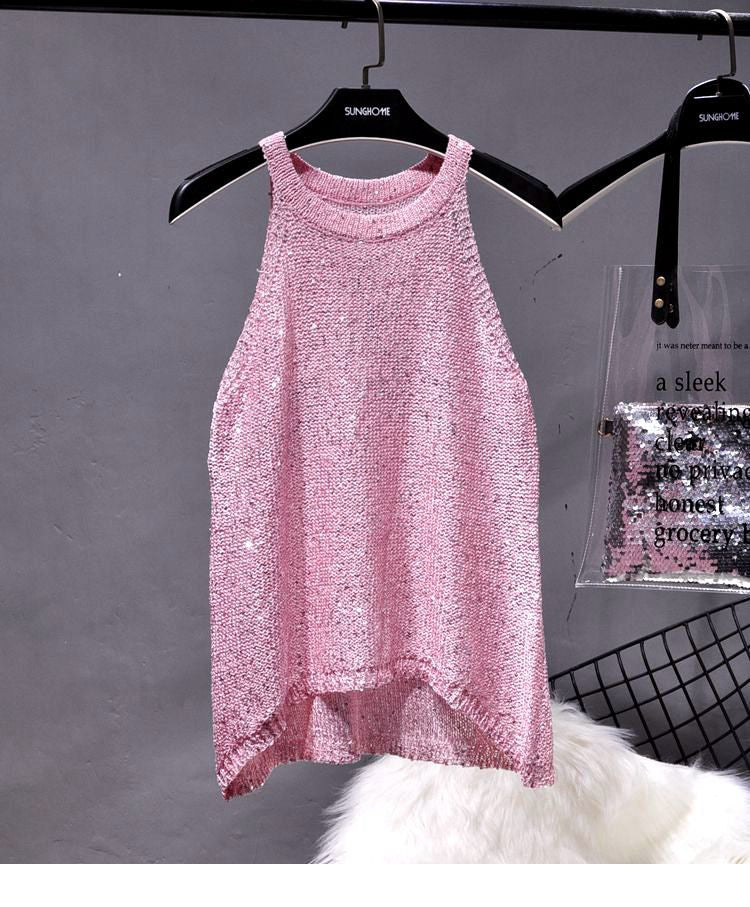All-Match Summer New Sexy Shoulder Hanging Halter Sequin Strap Ware Shoulder Flash Knitted Hollow Vest Top for Women