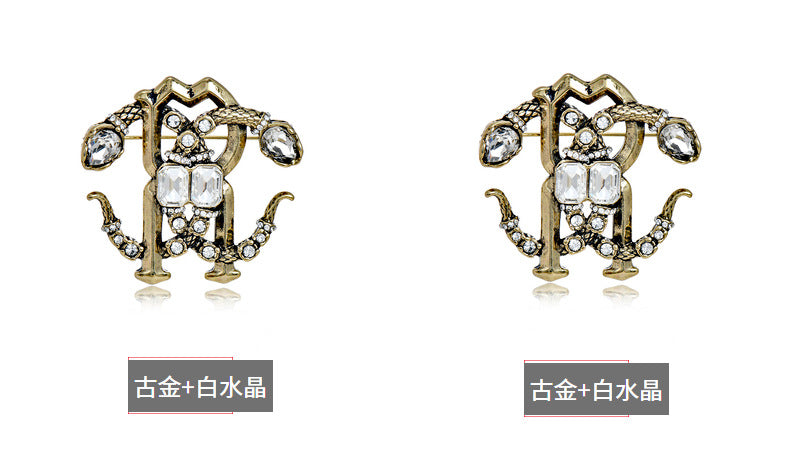 Niche Antique Double Snake Crystal Brooch for Women, Vintage Jewelry with a Light Luxury Design, Palace-Style Crystal Zodiac Double Snake Brooch