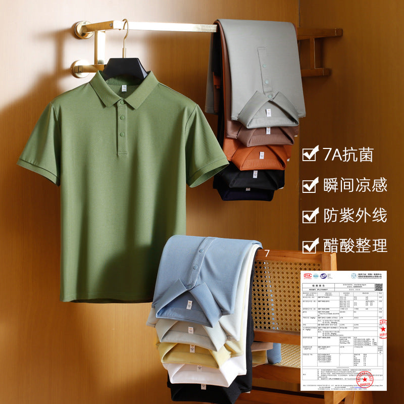 Cross-border Foreign Trade Copper Ammonia Silk T-shirt Men's Business Casual Short-sleeved Summer Gastrodia elata Mulberry Silk Lapel Men's Polo Shirt