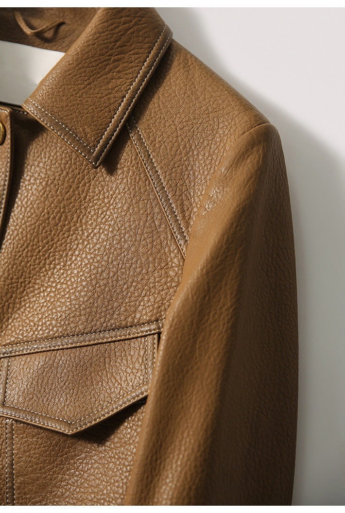 Haining Spring and Autumn New Leather Jacket Single Lined Leather Jacket Women's Short Slim Motorcycle Women's Short Leather Jacket C2707