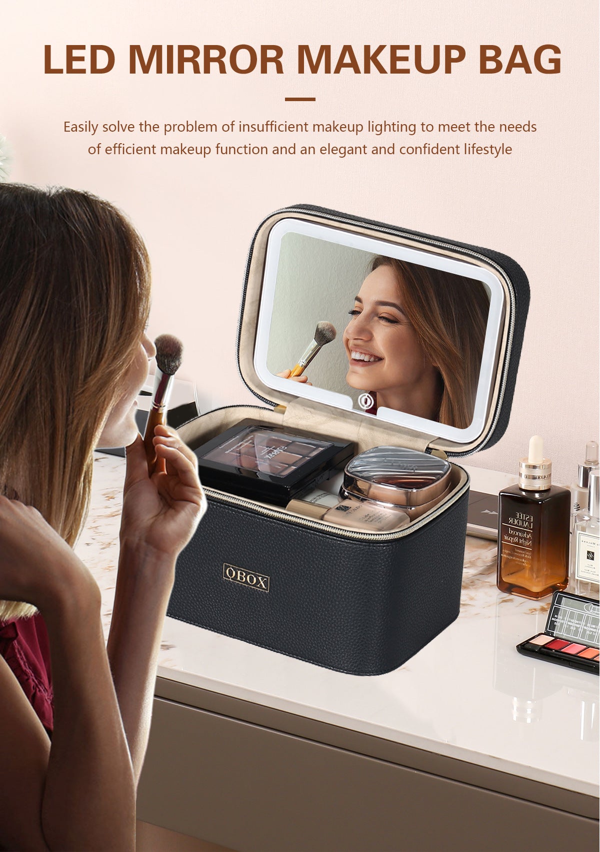 Cross-Border Led Mirror Travel Makeup Bag, Makeup Mirror, Cosmetics Portable Large-Capacity Makeup Case, Hand-Held Beauty Bag