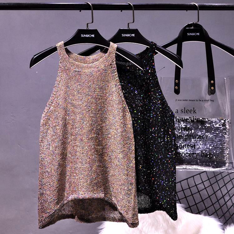 All-Match Summer New Sexy Shoulder Hanging Halter Sequin Strap Ware Shoulder Flash Knitted Hollow Vest Top for Women