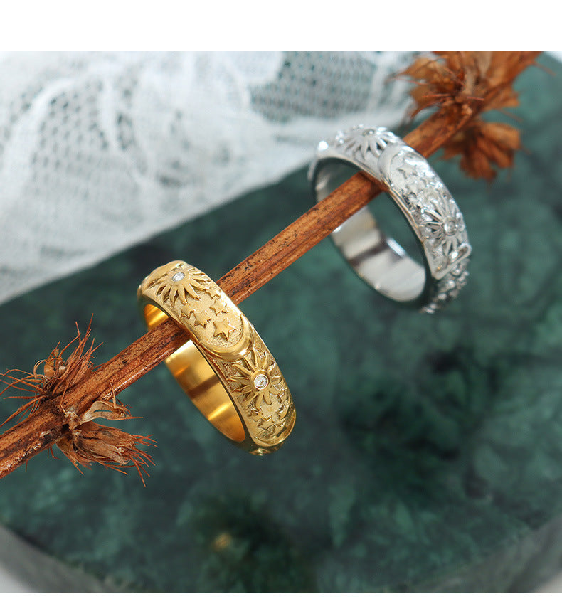 Niche Entry Luxury Zircon Embossed Star Moon Shape Shining Zircon Design Ring Titanium Steel Bracelet Girl's Jewelry