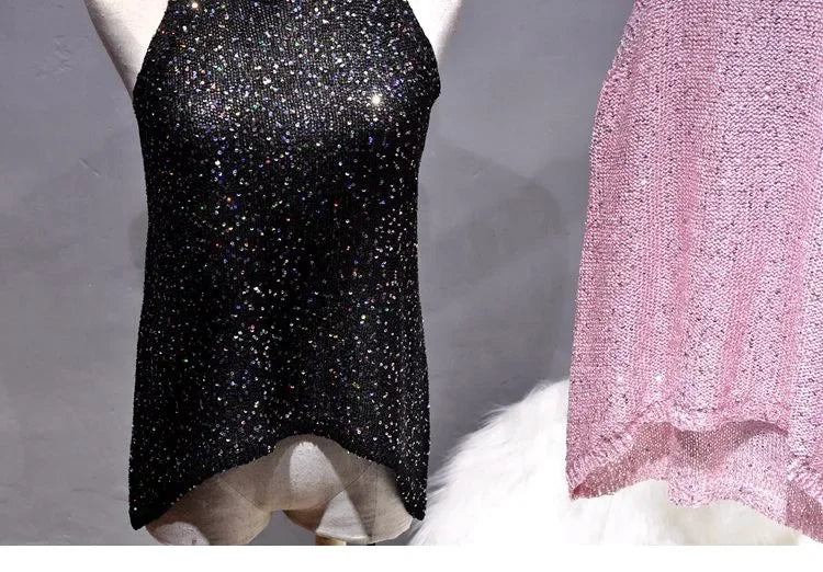 All-Match Summer New Sexy Shoulder Hanging Halter Sequin Strap Ware Shoulder Flash Knitted Hollow Vest Top for Women