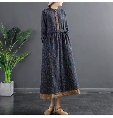 Spring New 2023 Vintage Printed Lace-up Waist Lace Small Floral Base Large Size Women's Long Sleeve Dress