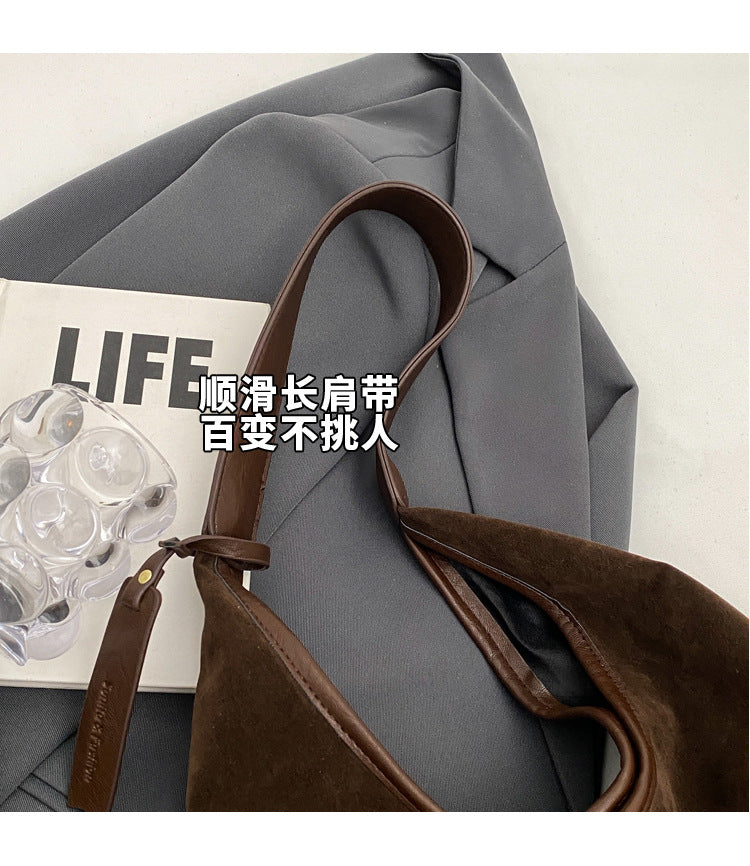 New Suede Shoulder Tote Bag, Fashionable, Simple, Lazy Style, Large Capacity Women's Handbag, Bucket Bag, Mommy Bag