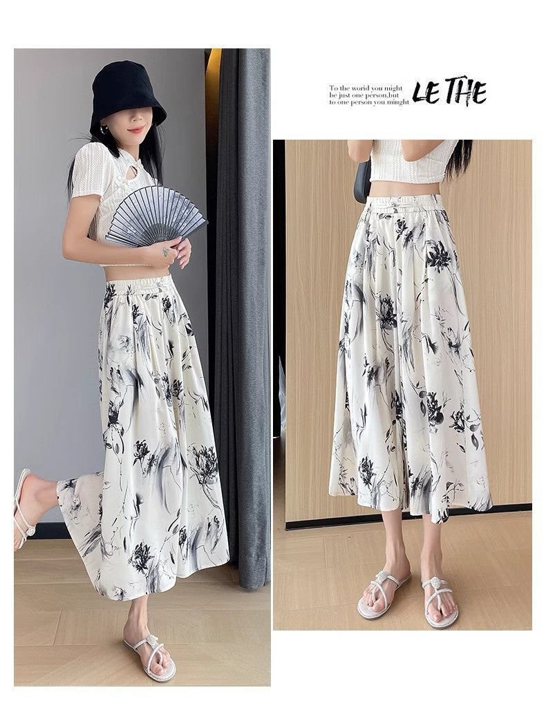 2025 Summer Thin Chiffon Wide-Leg Pants Women's Cropped Culottes Elastic Waist Small National Style Pants New Style Skirt