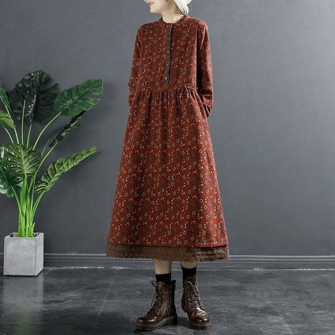Spring New 2023 Vintage Printed Lace-up Waist Lace Small Floral Base Large Size Women's Long Sleeve Dress