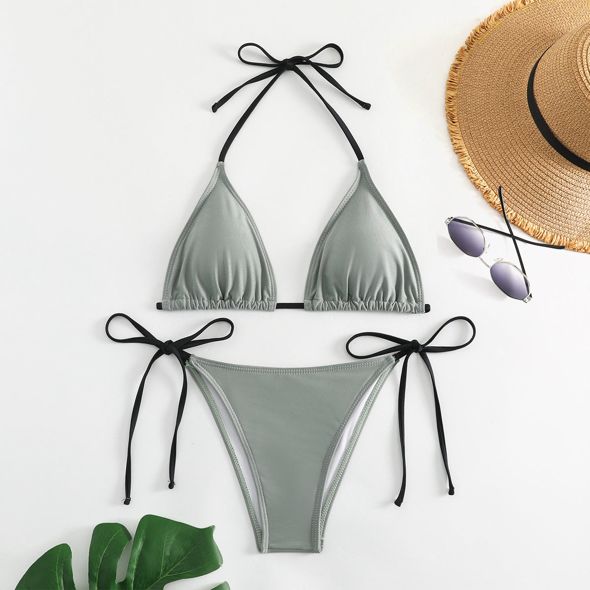 European and American Solid Color Split Swimsuit Women's Sexy Bikini Cross-border Hot Tight Gather Deep V High-end Swimsuit Women