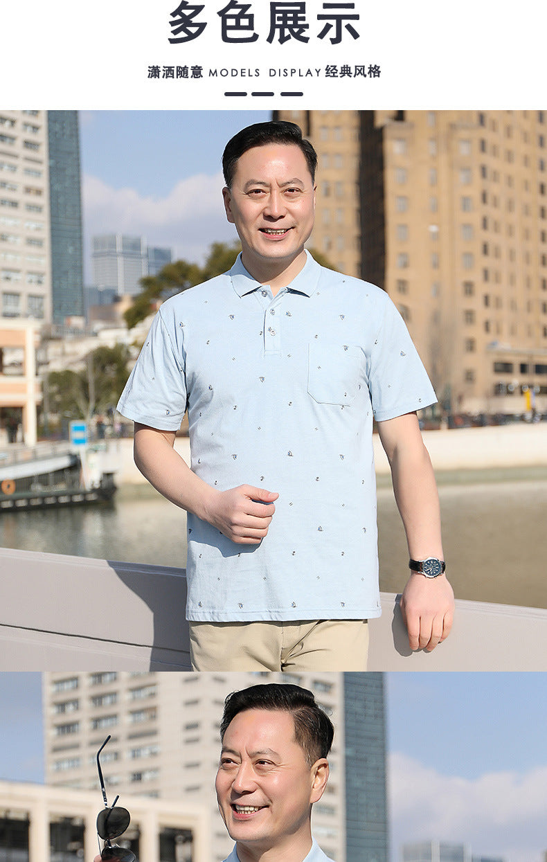 Middle-aged Men's Cotton Short-sleeved T-shirt Lapel Pocket Summer Middle-aged and Elderly plus size Half-sleeved Dad T-shirt Father