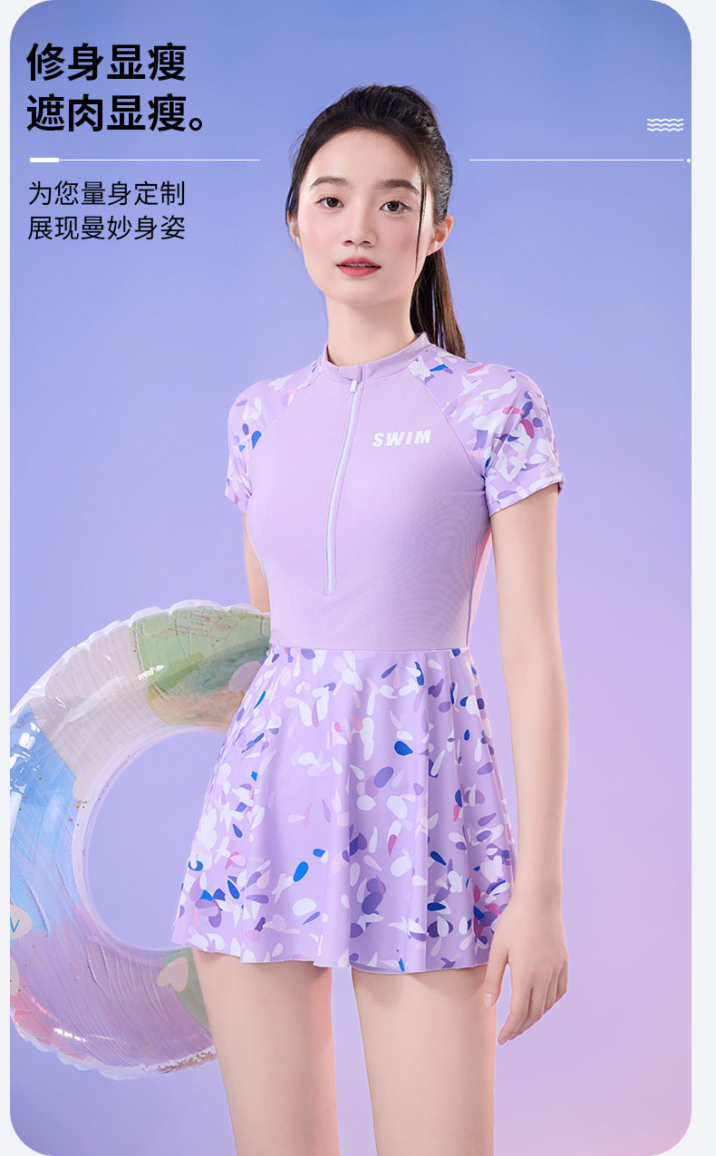 New Small Floral Swimsuit Seaside Beach Holiday One-piece Swim Skirt Split Safety Trunks Swimsuit with Chest Pad suit