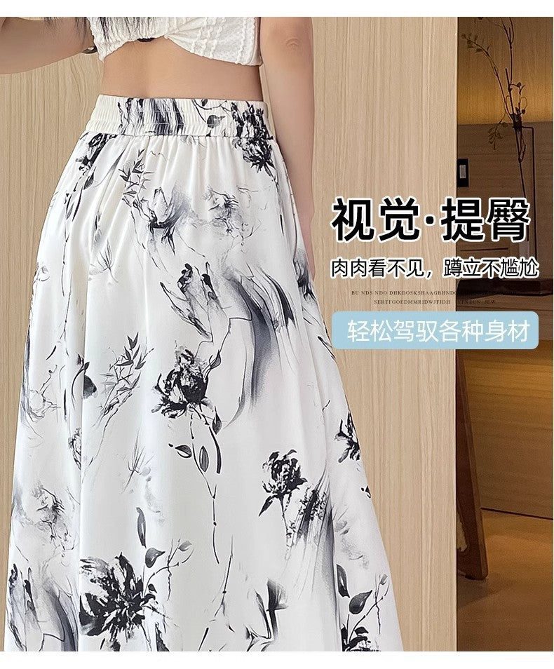 2025 Summer Thin Chiffon Wide-Leg Pants Women's Cropped Culottes Elastic Waist Small National Style Pants New Style Skirt