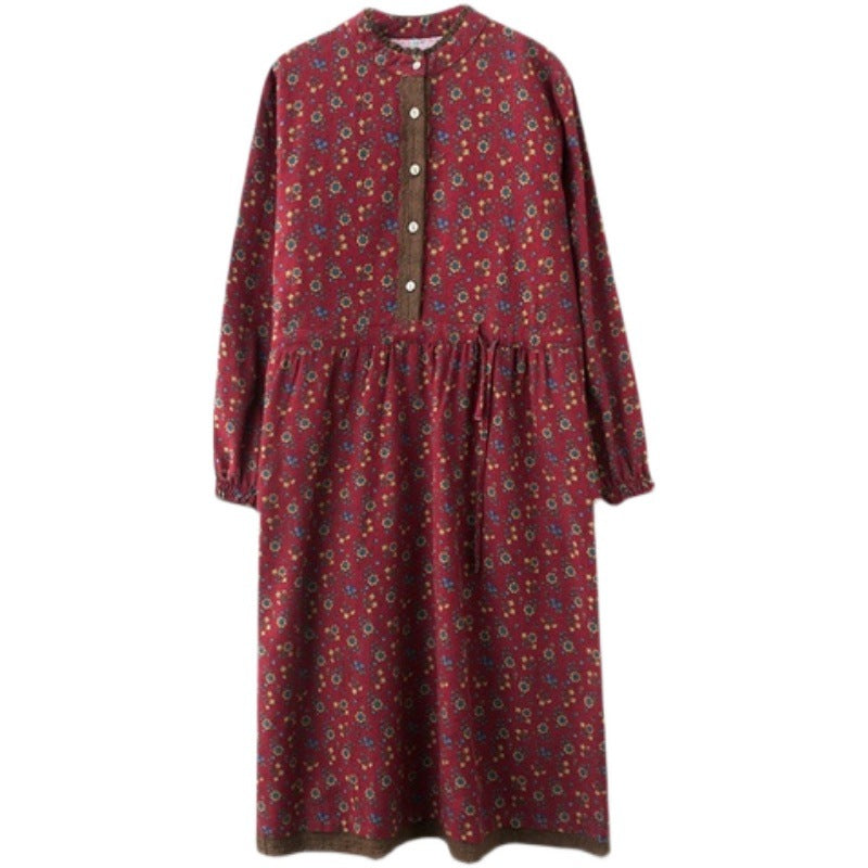 Spring New 2024 vintage printed lace-up waist lace small floral bottoming plus size women's long sleeve dress