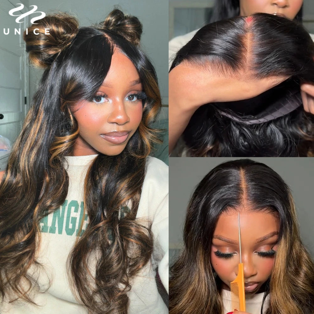 UNICE Balayage Body Wave Wig Upgraded Drawstring Cap 7x5 Pre Cut Pre Bleached Lace Front Human Hair Glueless Wig 150% Density