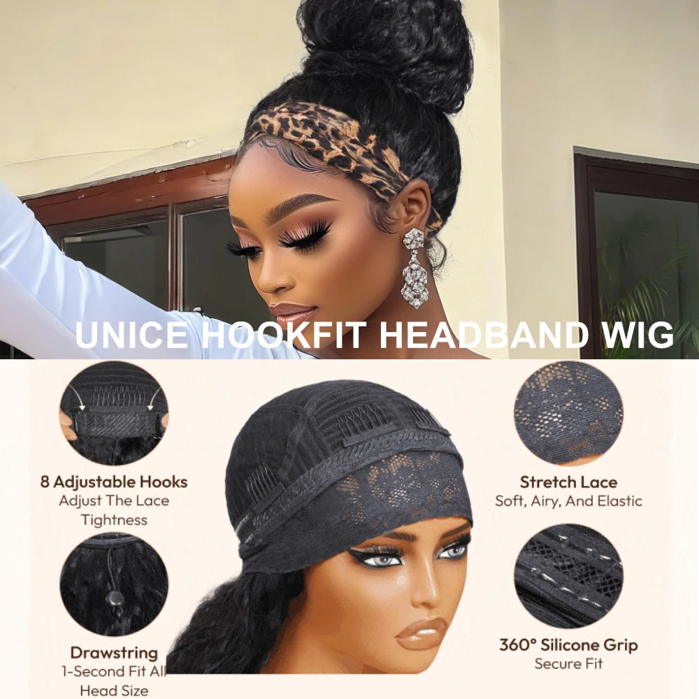 Unice Hair Upgrade Drawstring Mesh Lace Water Wave Headband Wigs Human Hair No Glue No Lace Fit For All Head Sizes