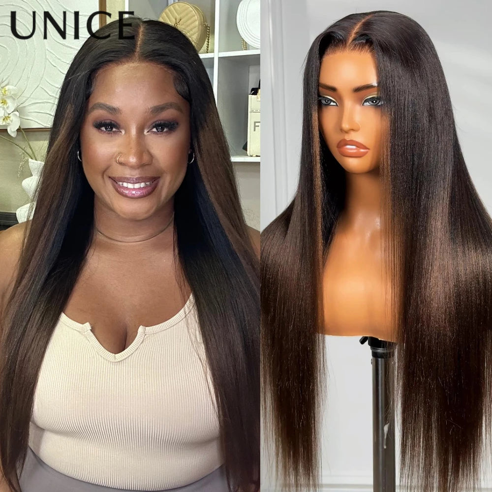 UNICE Hair Chestnut Brown Ombre Yaki Straight Human Hair Wig Pre Cut Pre Bleached 7x5 Glueless Wig & V Part Wig