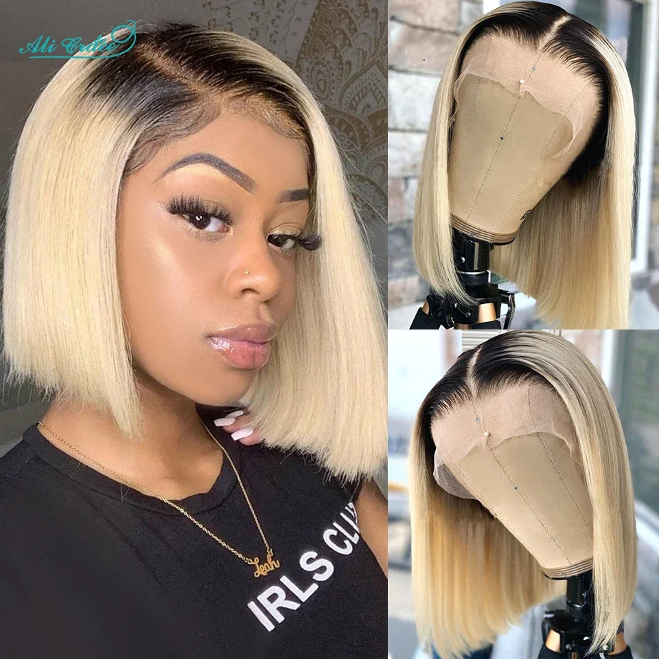 Ali Grace Bob Wigs Human Hair T1B/613 Ombre Straight Hair Short Bob 13X4 Lace Front Wigs For Women Pre-Plucked Hairline Bob Wigs