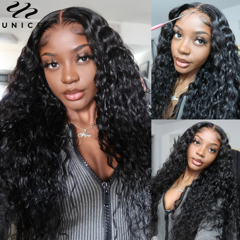 UNice Hair Water Wave 7x5 13x4 Lace Front Wig Human Hair Pre Cut Pre Bleached Wear Go Glueless Wig 150% Density