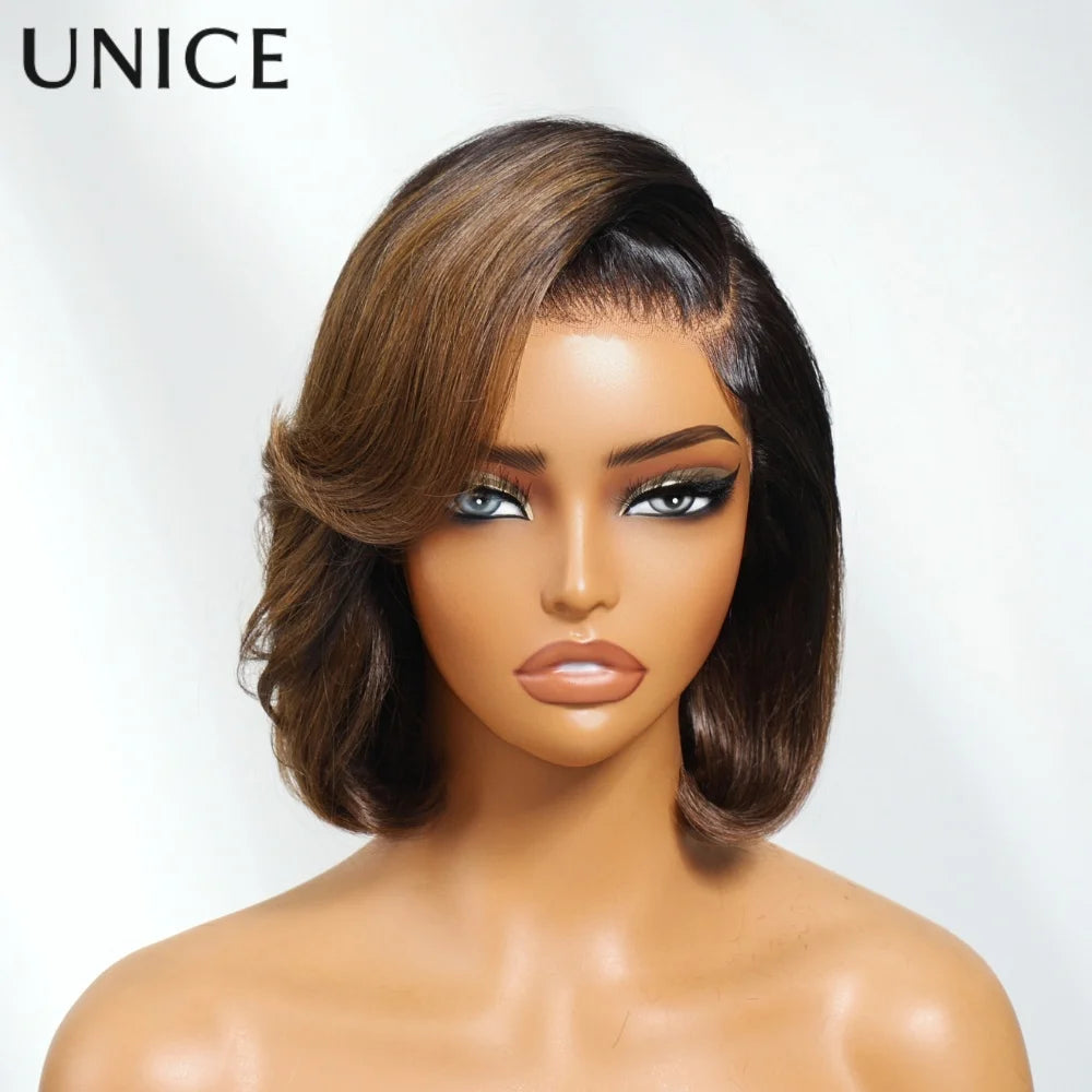 UNice 7x5 Lace Front Wig Human Hair Bye Bye Knots Light Brown with Black Roots Bob Style Side Part Adjustable Drawstring