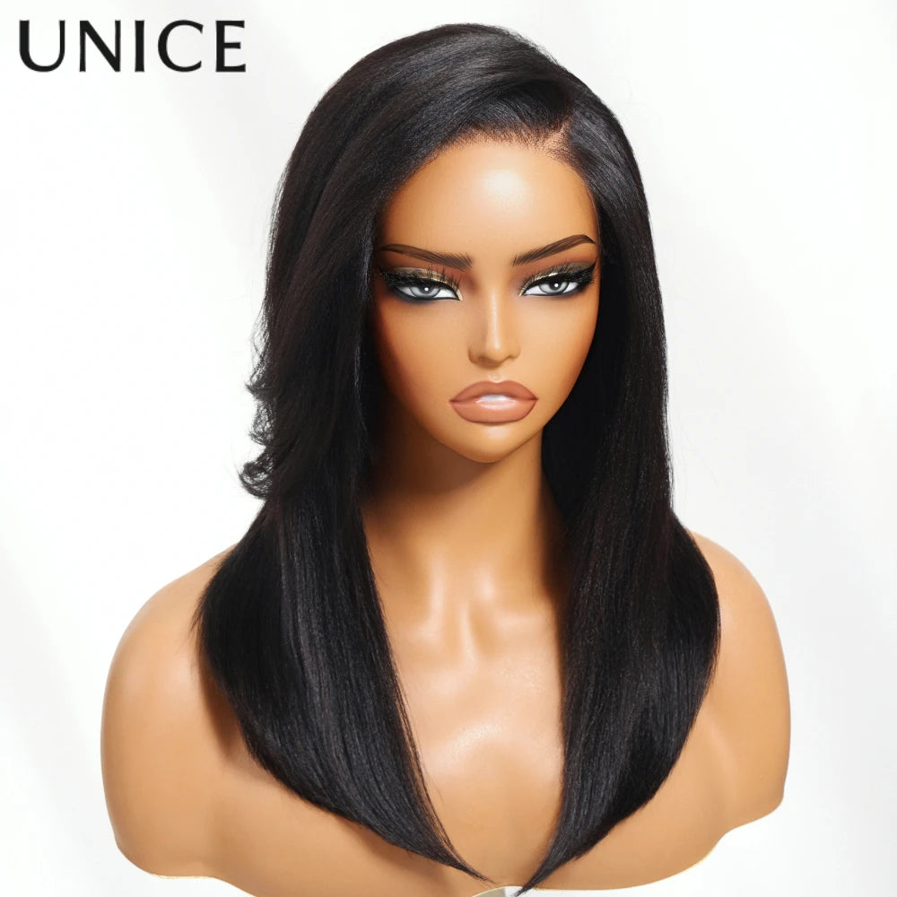 UNice Hair 7x5 Lace Drawstring Cap Yaki Straight Wig With Side Bangs Pre Cut Pre Bleached Glueless Wig Human Hair 150% Density