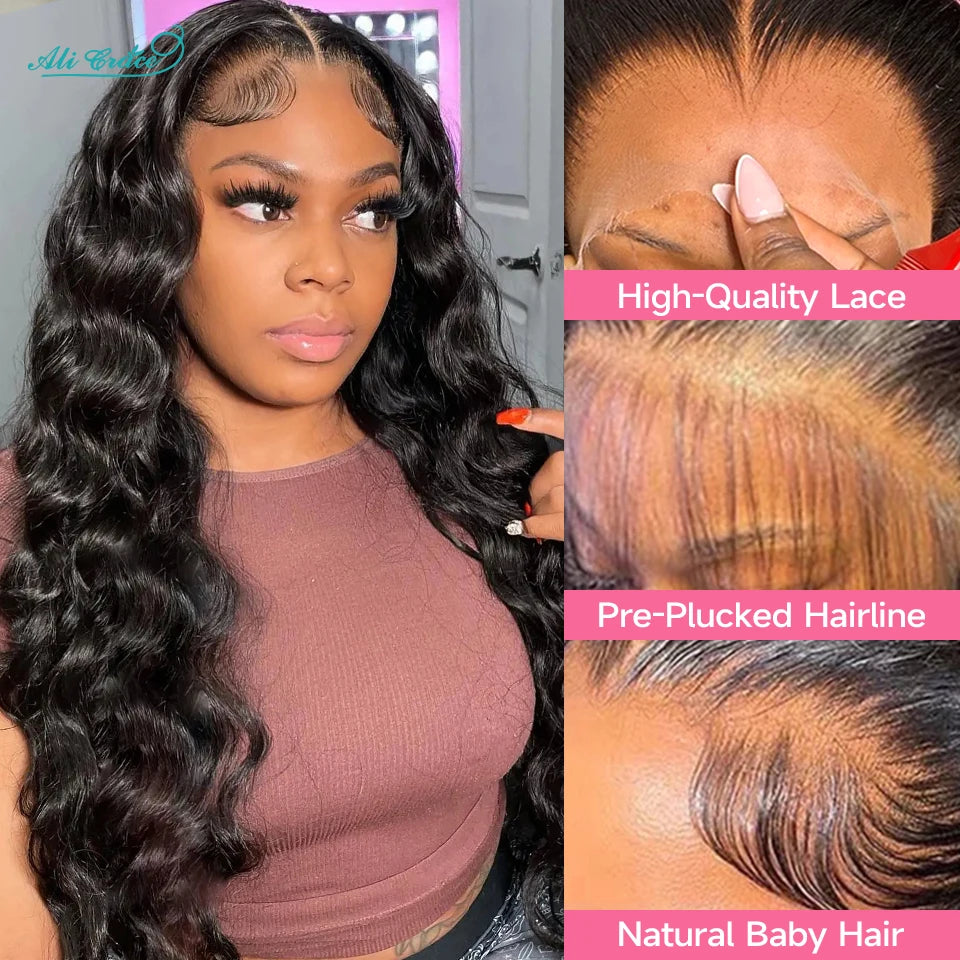 Ali Grace Loose Deep Wave Lace Front Human Hair Wig Transparent 13x4 Lace Frontal Wig Pre Plucked Glueless Wigs For Women