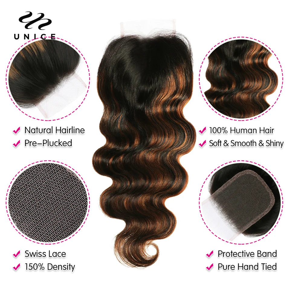 UNICE Hair Brown Balayage Body Wave Human Hair Bundles with Closure Free Part Transparent 4X4 Lace Closure And 2/3/4 PCS Bundles
