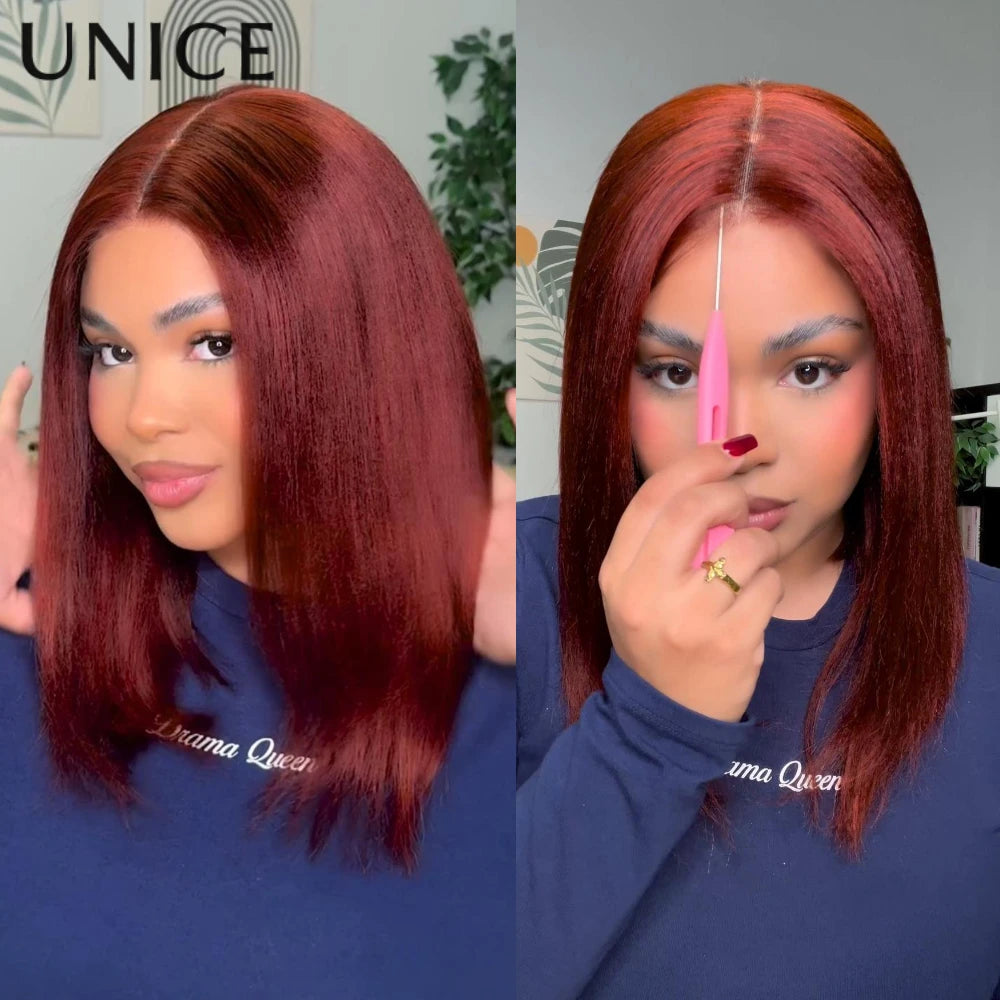 UNICE Hair Reddish Brown 7x5 Yaki Straight Bob Wig Human Hair Pre Cut Pre Bleached Glueless Wig 150% Density