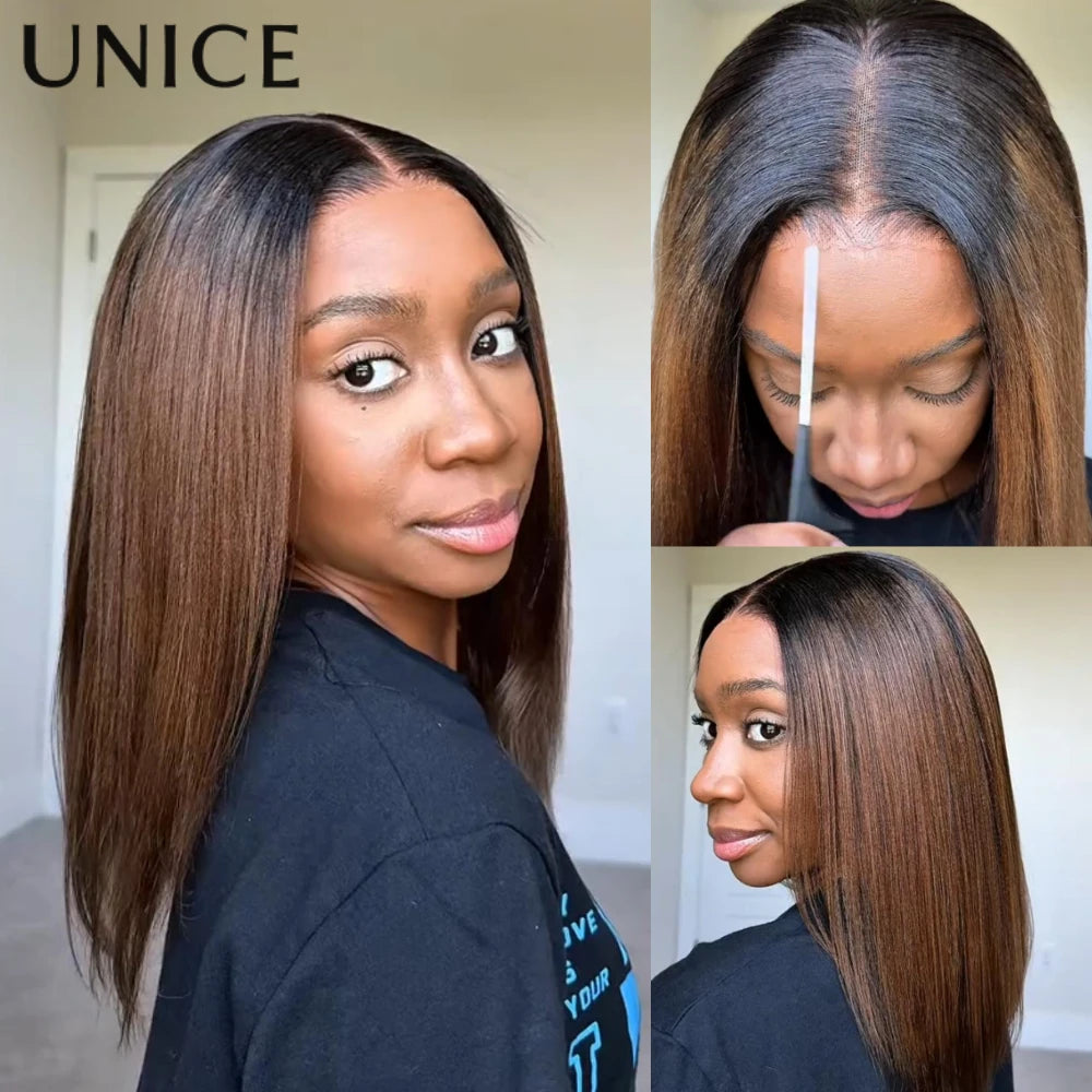Unice Hair 7x5 Bye-Bye Knots Chestnut Brown Ombre Yaki Straight Bob Wig Human Hair Pre Cut Pre Bleached Glueless Wig