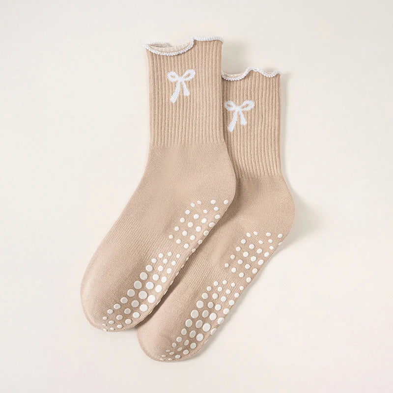 1 pairs of anti-slip grip Pilates socks, pure cotton breathable yoga socks, high elasticity sweat-absorbing mid-calf socks