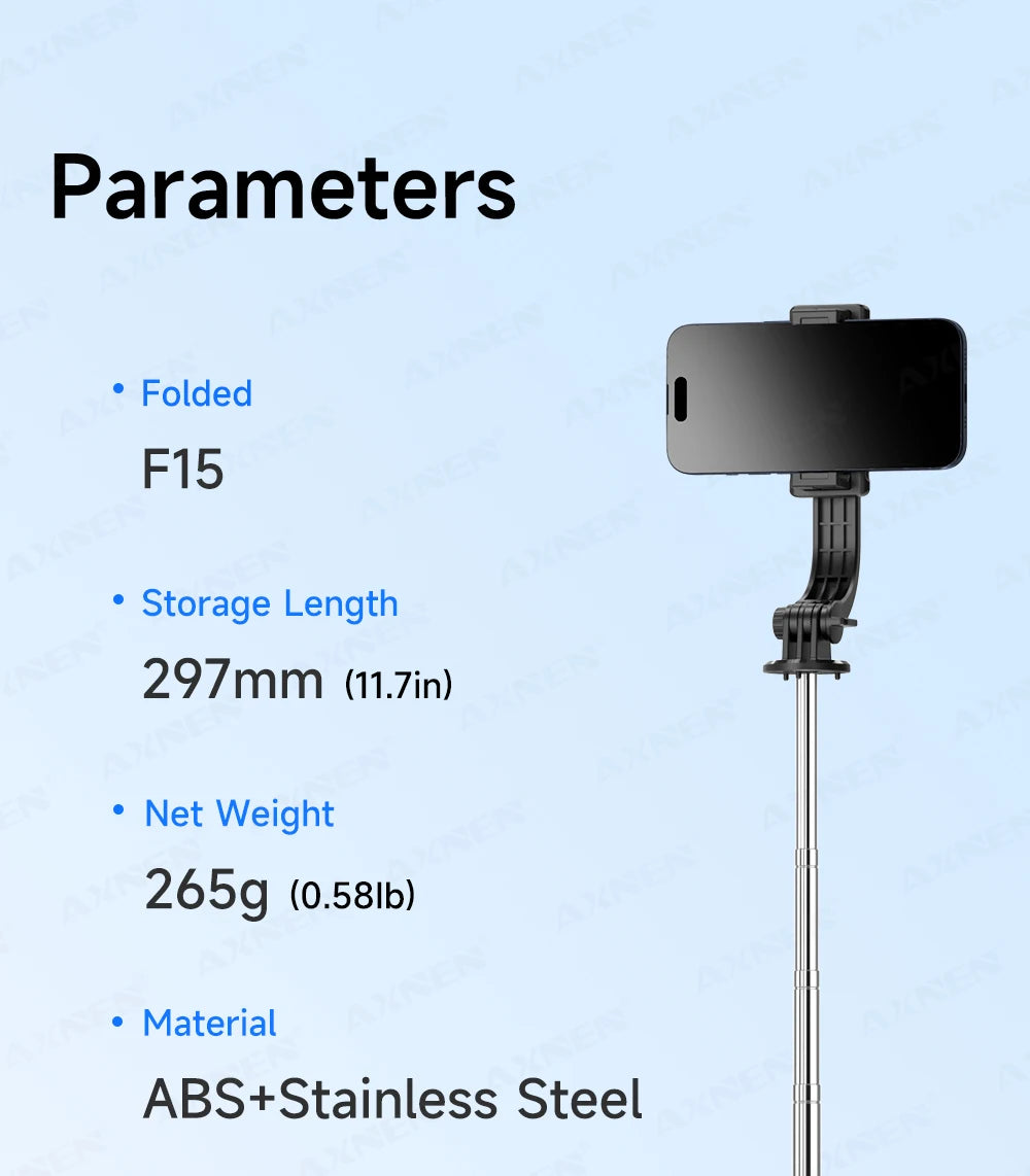 F15 Selfie Stick Tripod with Bluetooth Remote, 6-Section Extendable Pole, 360° Rotation, Fill Light Option, for Phone Vlog