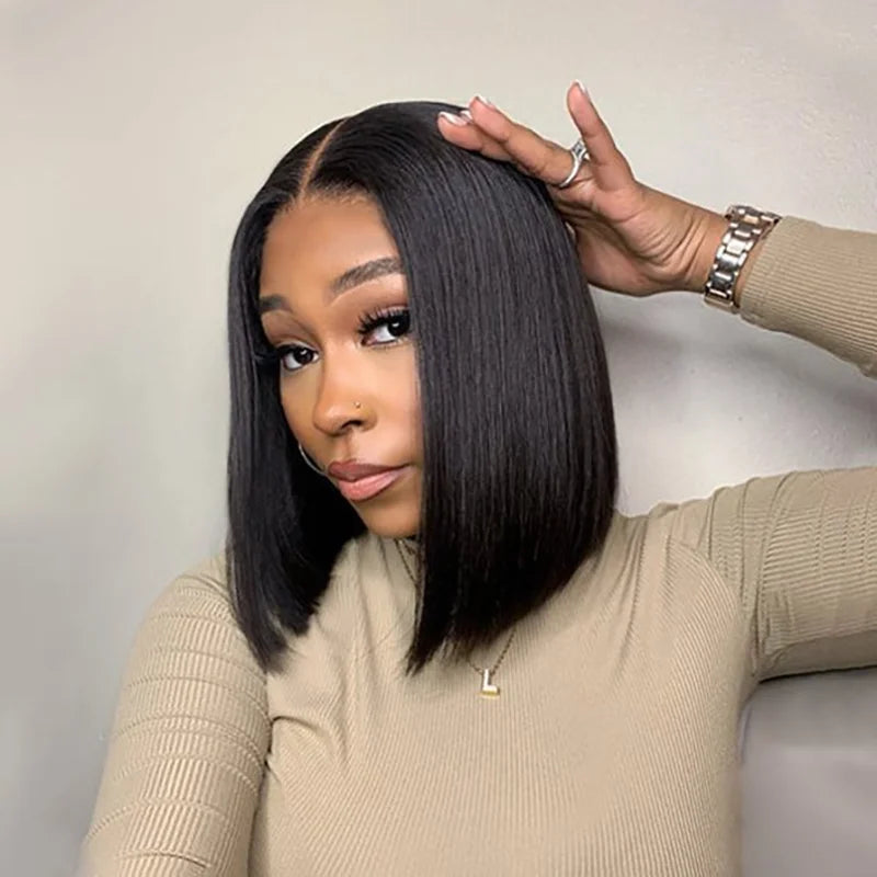 ISEE Hair Pre Bleached Knots Wear And Go Short Bob Hair Wig Human Hair Transparent Glueless Straight Lace Front Wig PrePlucked