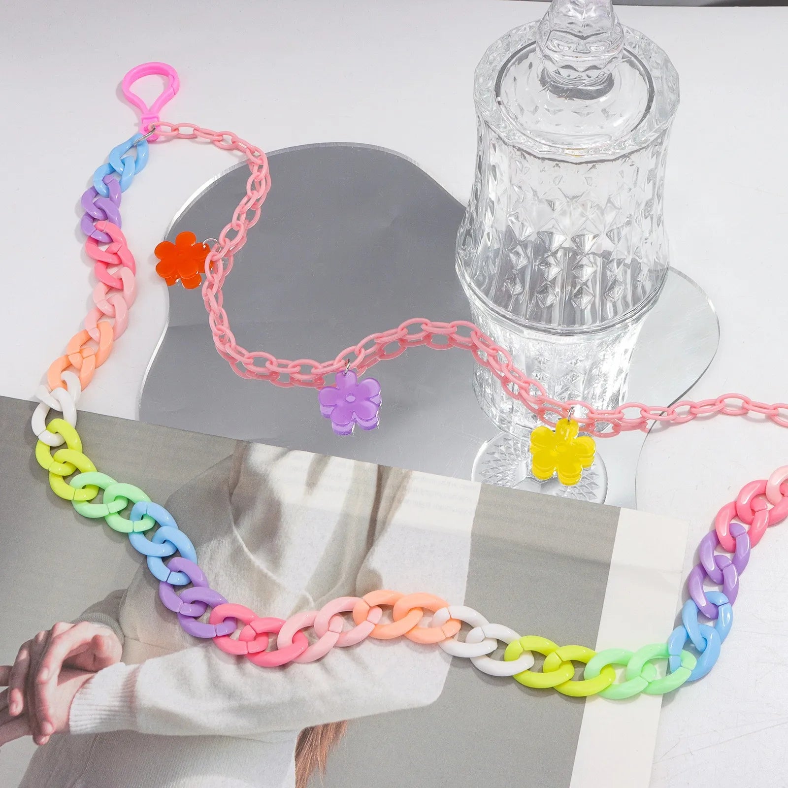 Doulbe Layered Pink Color Strawberry Resin Chain Keychains Women Girls Hip Hop Waist Chain Pants Trousers Chain Bohemian Jewelry