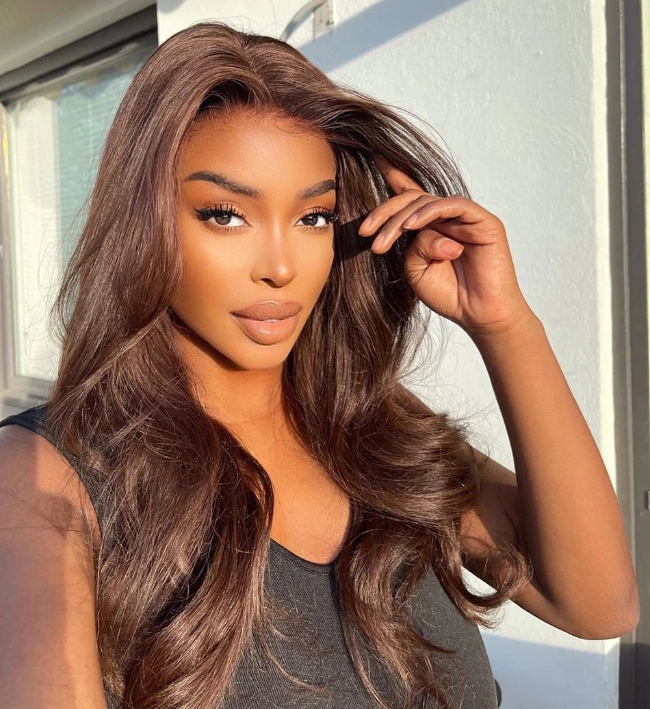 13x6 HD Lace Front Human Hair Wigs Chocolate Brown Colored Human Hair Wigs Body Wave Human Hair Transparent Lace Frontal Wigs