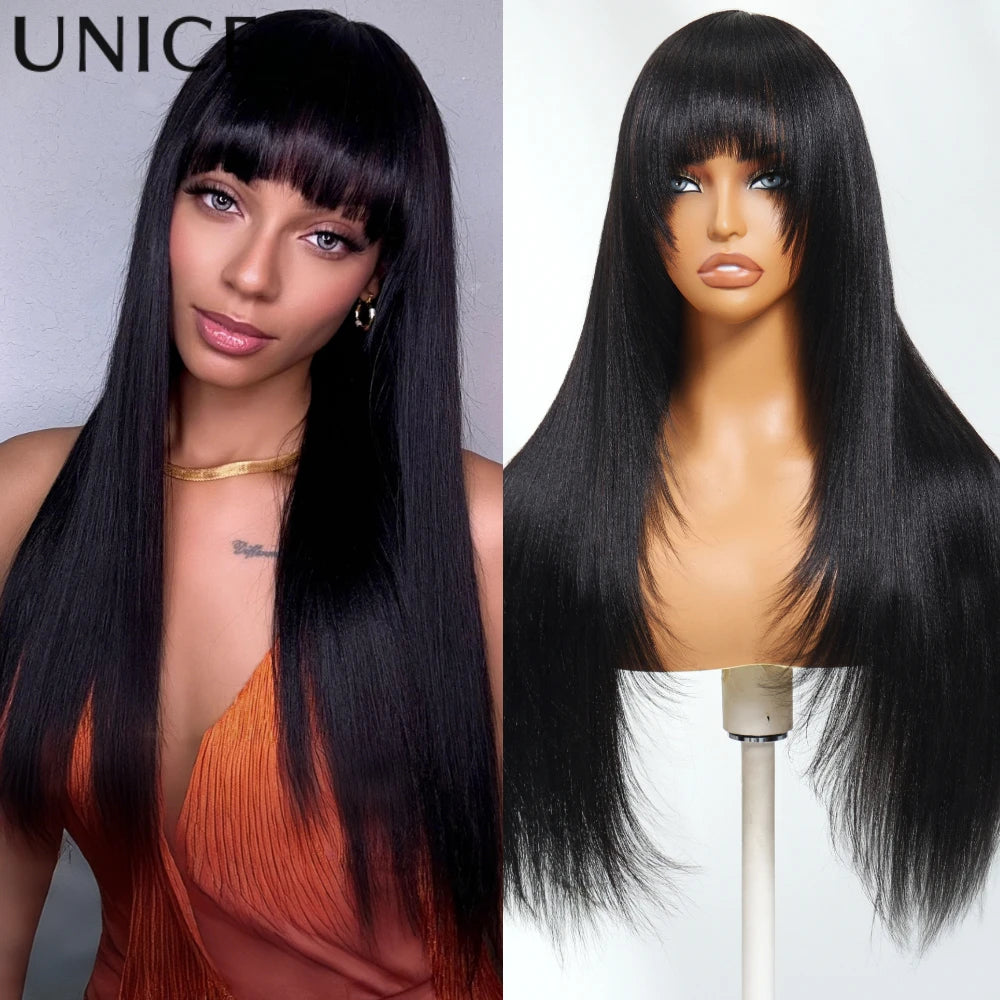 Unice Hair Layered Cut Yaki Straight Human Hair Wig With Bangs Full Machine Made Wig 150% Density