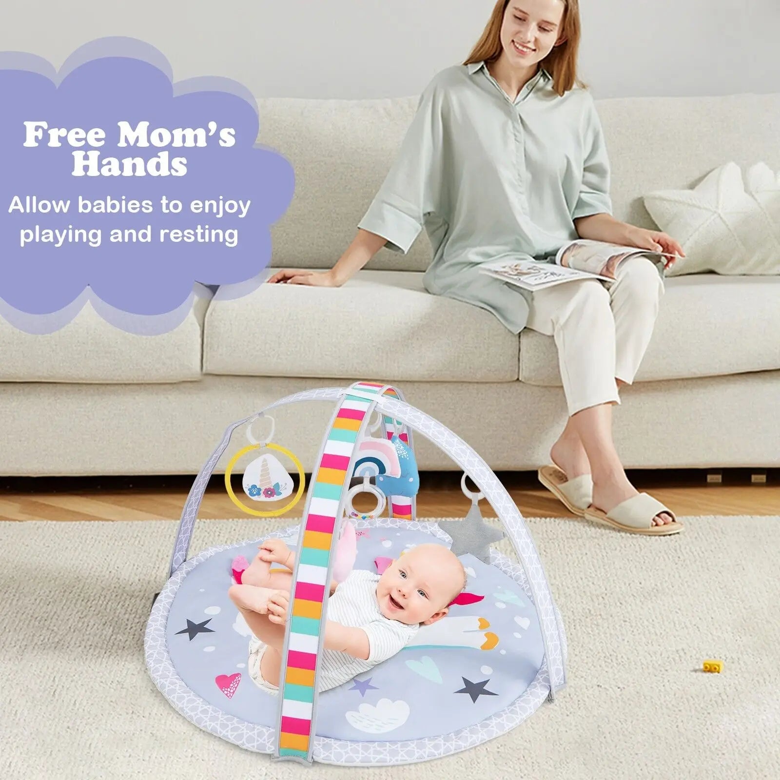 DORTALA Baby Play Mat 7-in-1 Tummy Time Infant Toddler Activit Mat w/ 5 Detachable Toys
