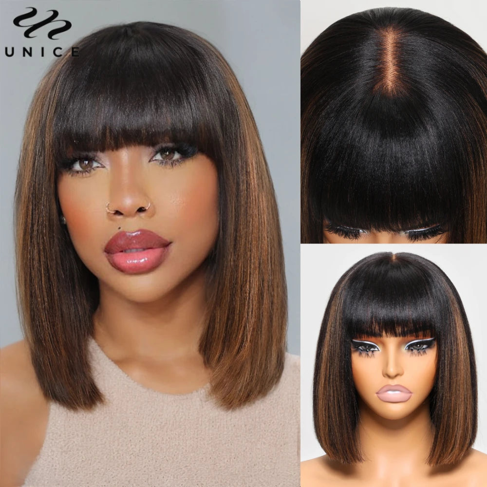 Unice Hair Yaki Straight Bob Wig With Bangs Real Scalp Middle Part 4x2 Lace Glueless Wig Human Hair Ready To Wear 150% Density