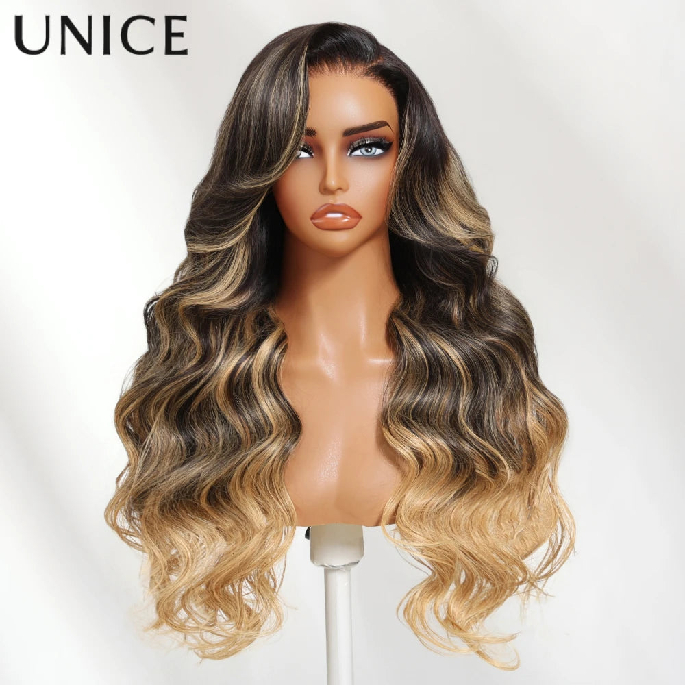UNICE Blonde Highlights Loose Wave Wig With Face Framing Layers 7x5 Lace Pre Cut Pre Bleached Glueless Wig Human Hair ReadyToGo