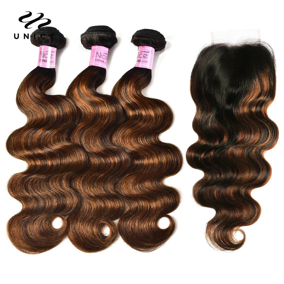 UNICE Brazilian Hair Bundles with Closure Body Wave 3 Bundles with Closure HoneyBlonde Highlight Human Hair Closure and Blundles