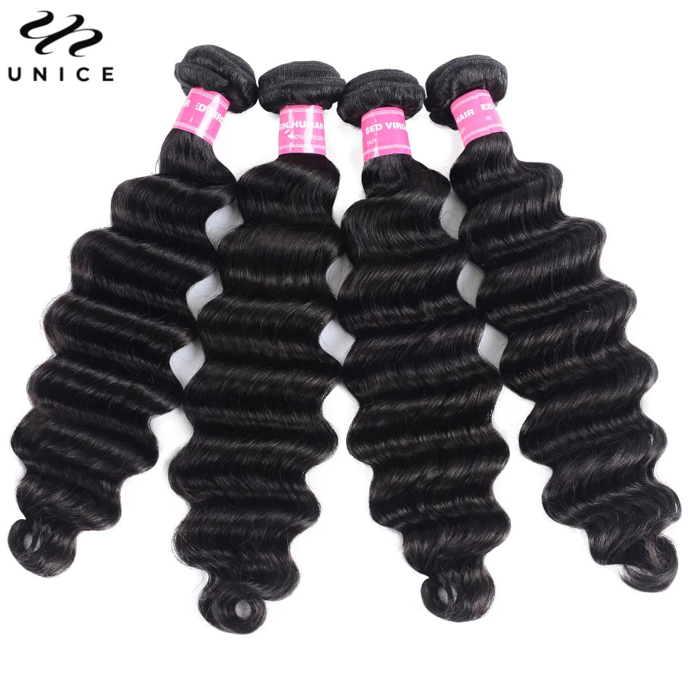 Unice Hair Loose Deep Wave Bundles 3/4 PCS Deal Natural Color 100% Human Hair Bundles Sew In Bundles Quick Weaves