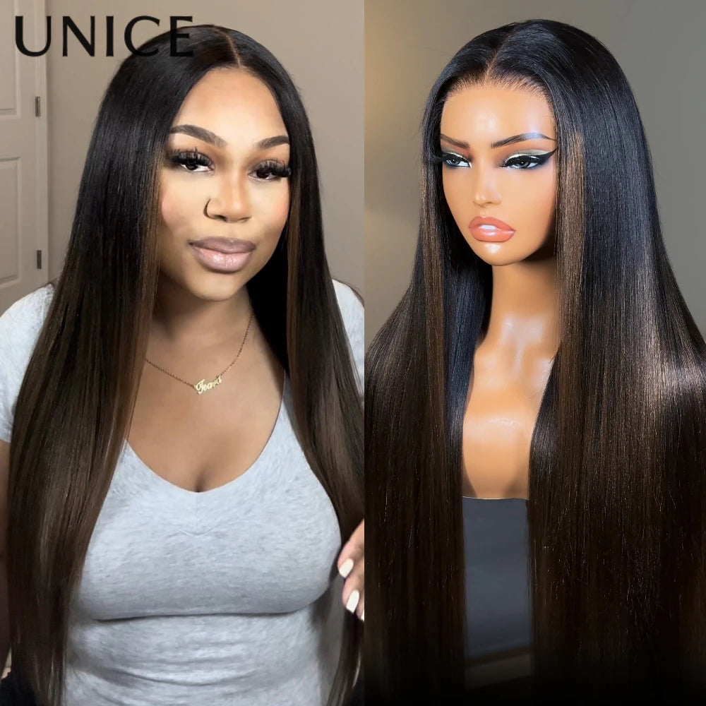 UNICE 7x5 & 13x4 Pre Cut Pre Bleached Glueless Wigs Human Hair Drawstring Cap Chesnut Brown Ombre Yaki Straight Wig 150% Density