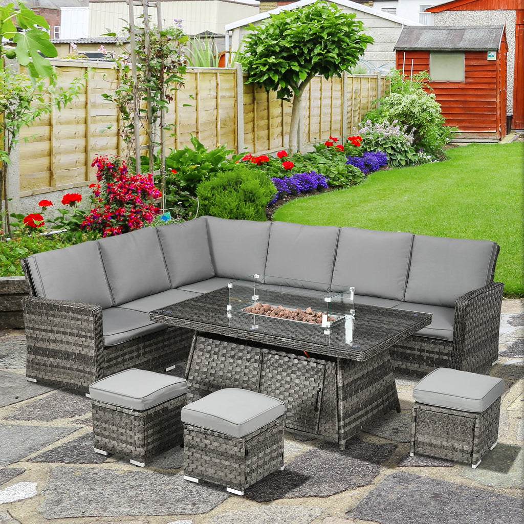 Outsunny 7 Pieces PE Rattan Garden Furniture Set, 50,000 BTU Gas Fire Pit Table, Double Corner Sofa and 3 Footstools